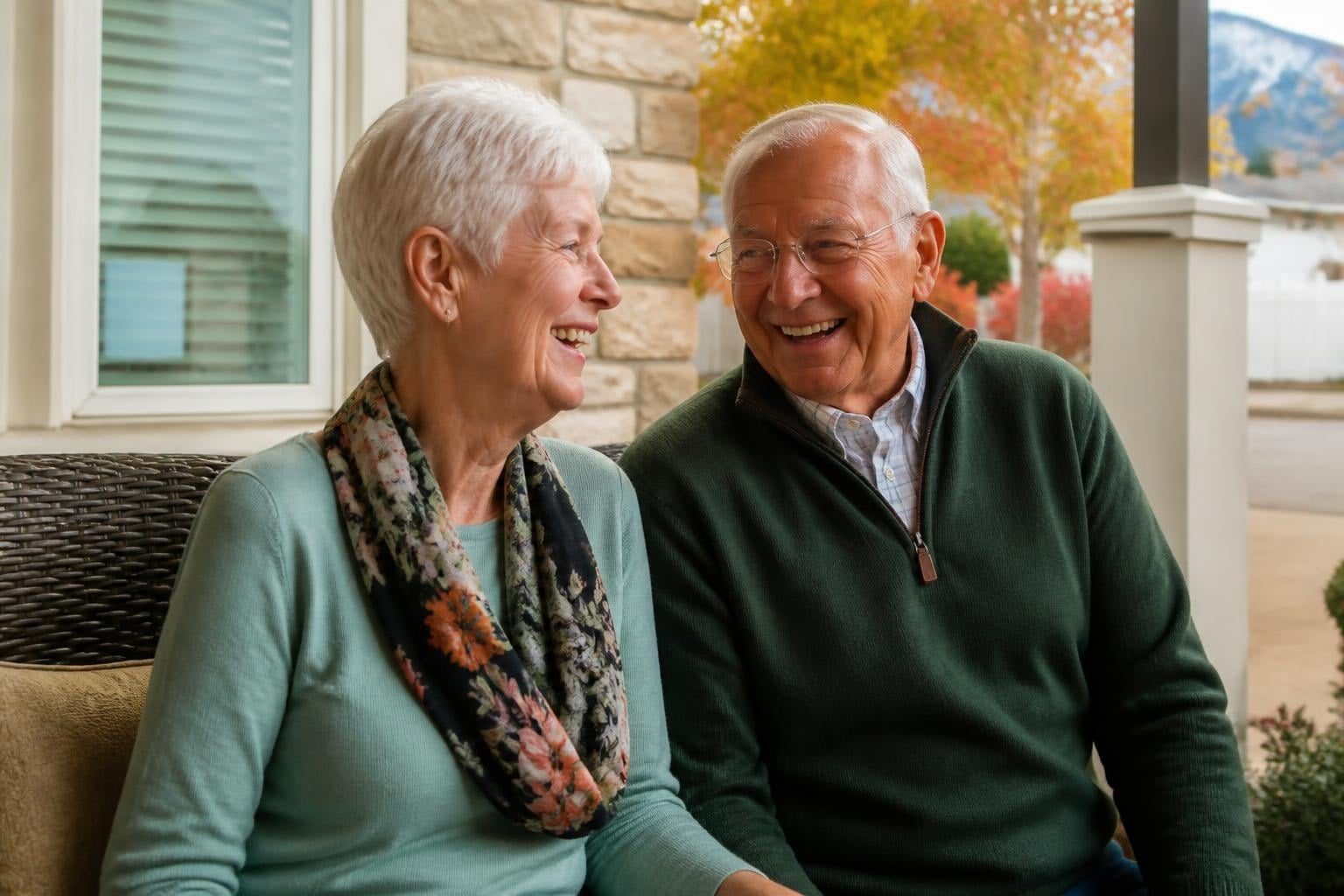 Grandparents laughing together on a front porch in fall