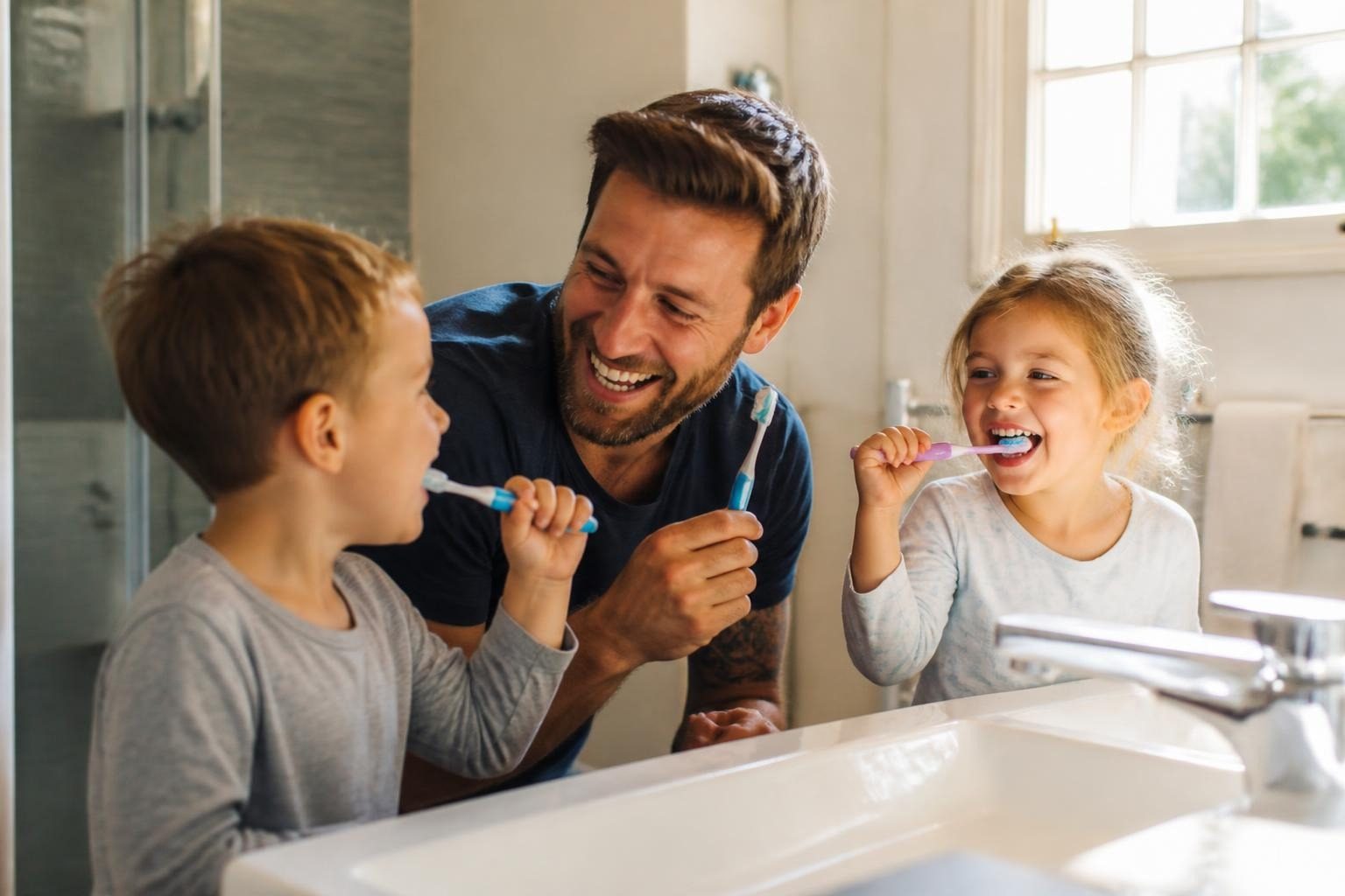 Papá y dos niños cepillándose los dientes juntos en el lavabo del baño