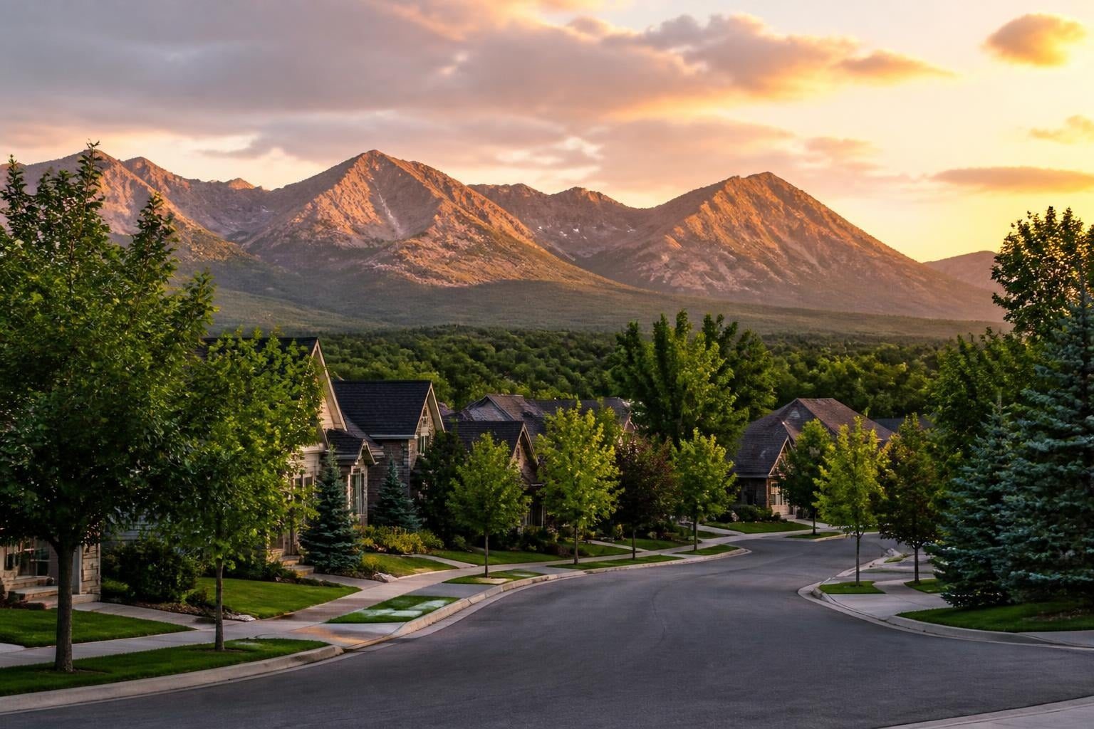 Tree-lined northern Utah neighborhood with the Wasatch mountains at sunset